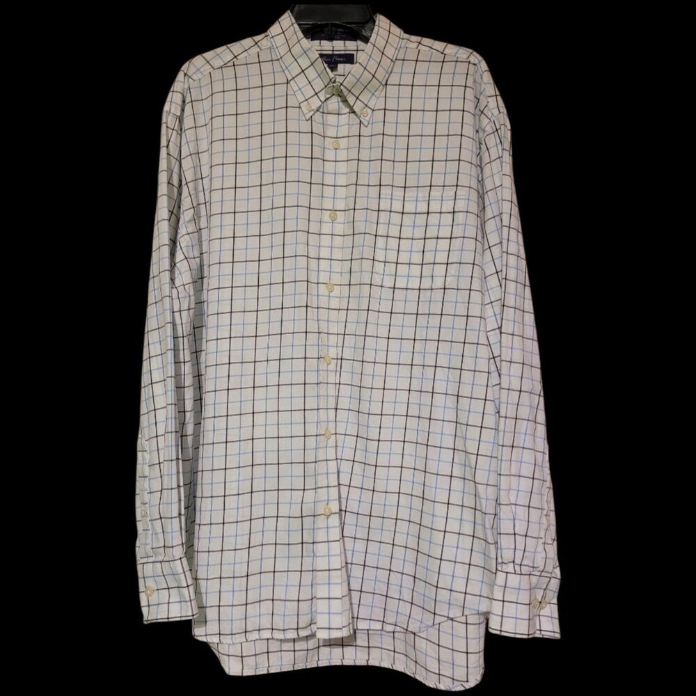Alan Flusser Long Sleeve Button Shirt,  Mens XL, White Blue Purple Checked